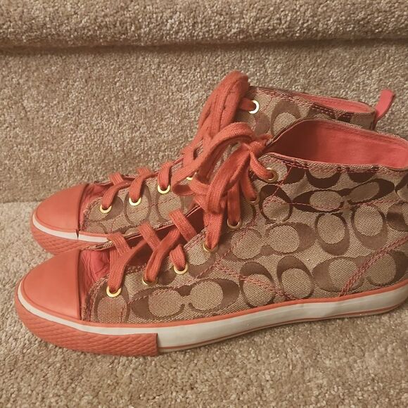 Coach "Franca" Brown Jacquard Signature w/ Pink Accents Hi Top Sneakers Size 9 - Picture 2 of 14